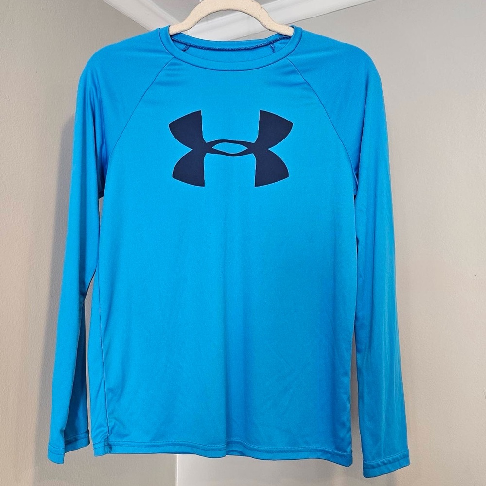 Under Armour Shirt Big Logo Long Sleeve shirt Blue YLG Boys Large HeatGear UA